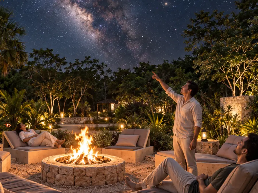 Render del área de contemplación estelar con fogata de noche