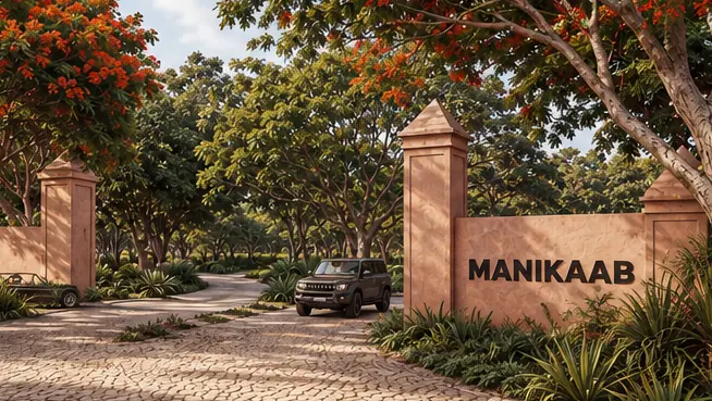 Render del pórtico de acceso de MANIKAAB: muros de piedra rosada con el nombre del desarrollo, entre flamboyanes